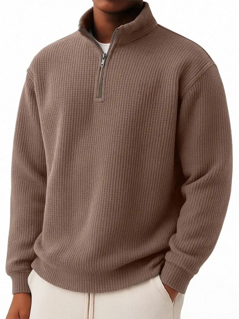 Solid-color Pullover Zip-up Relaxed-fit Casual Premium Waffle-knit Long-sleeve Polo Shirt