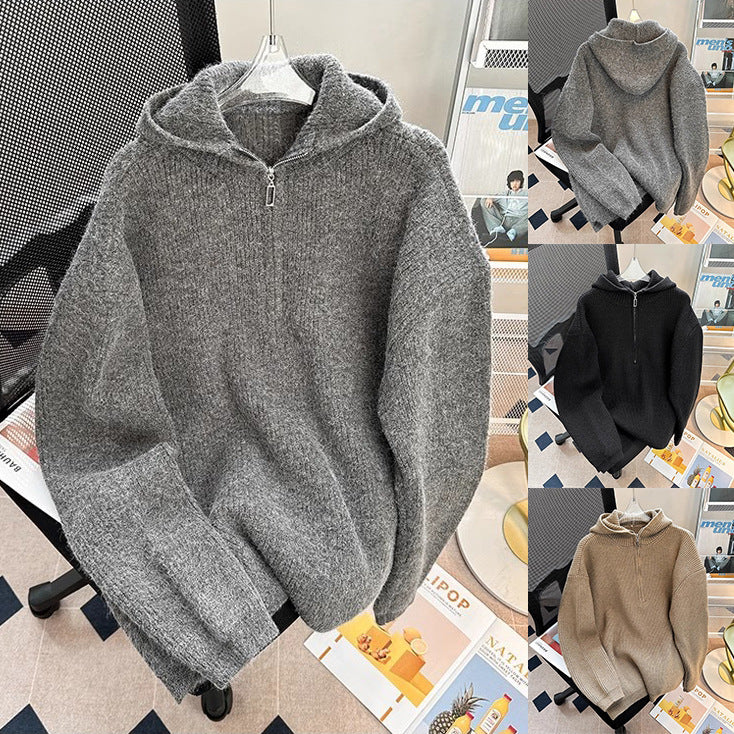 New Men's Hooded Knit Sweater With Half-zipwarm And Loose-fitting