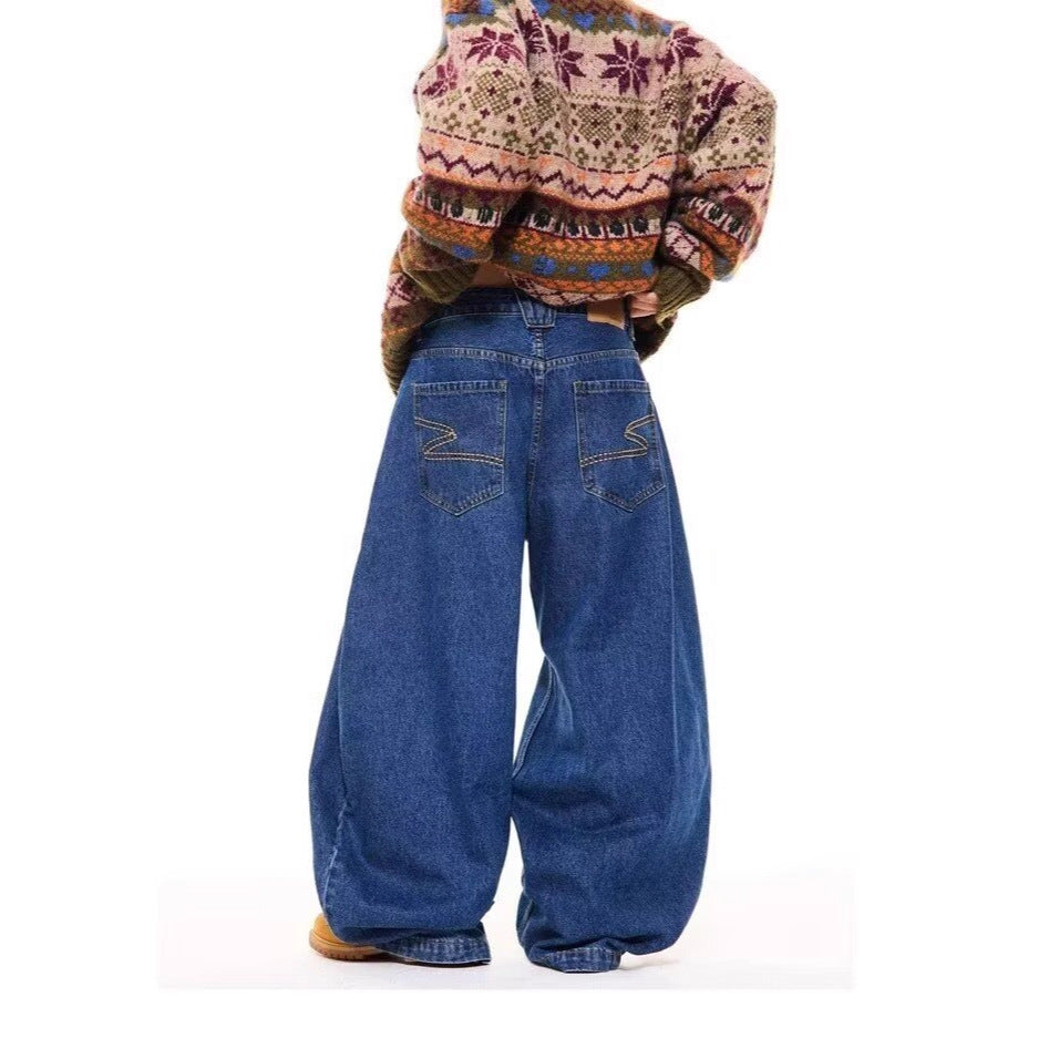 Mens High-Waisted Retro Straight Jeans Summer Wide-Leg Pants