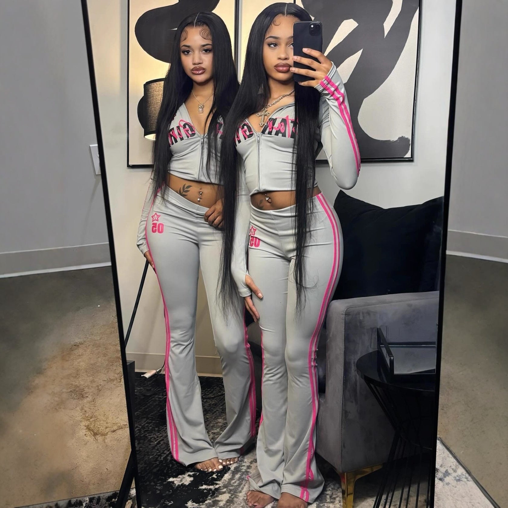 Women's Fashionable  Casual  Versatile  Color-blocked Retro-style Sporty Printed Top And Pants Set