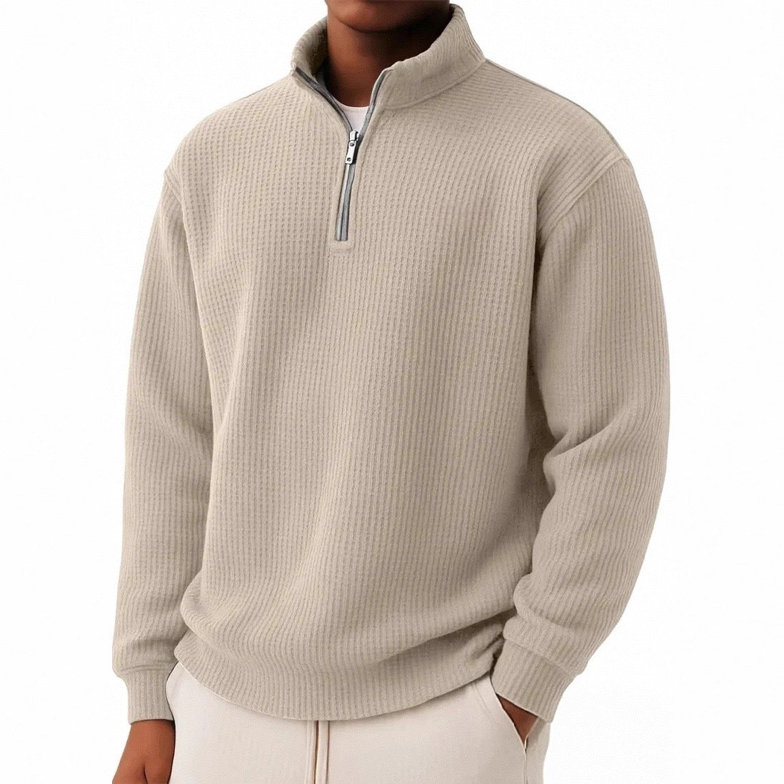 Solid-color Pullover Zip-up Relaxed-fit Casual Premium Waffle-knit Long-sleeve Polo Shirt
