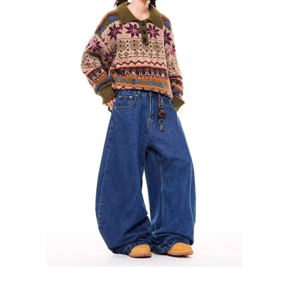 Mens High-Waisted Retro Straight Jeans Summer Wide-Leg Pants