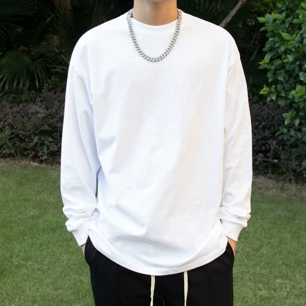 Men's Pure Cotton Thick, Loose-fitting Solid-color Japanese-style Crew-neck Long-sleeve T-shirt