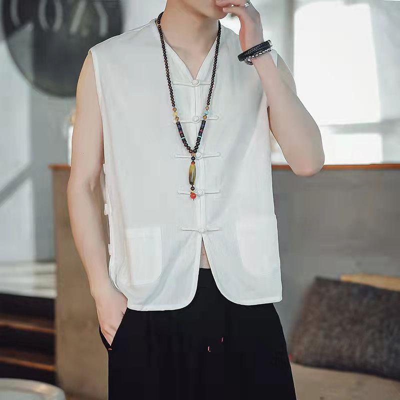Summer Casual Mens Vintage Chinese Linen Button-Front Sleeveless Vest