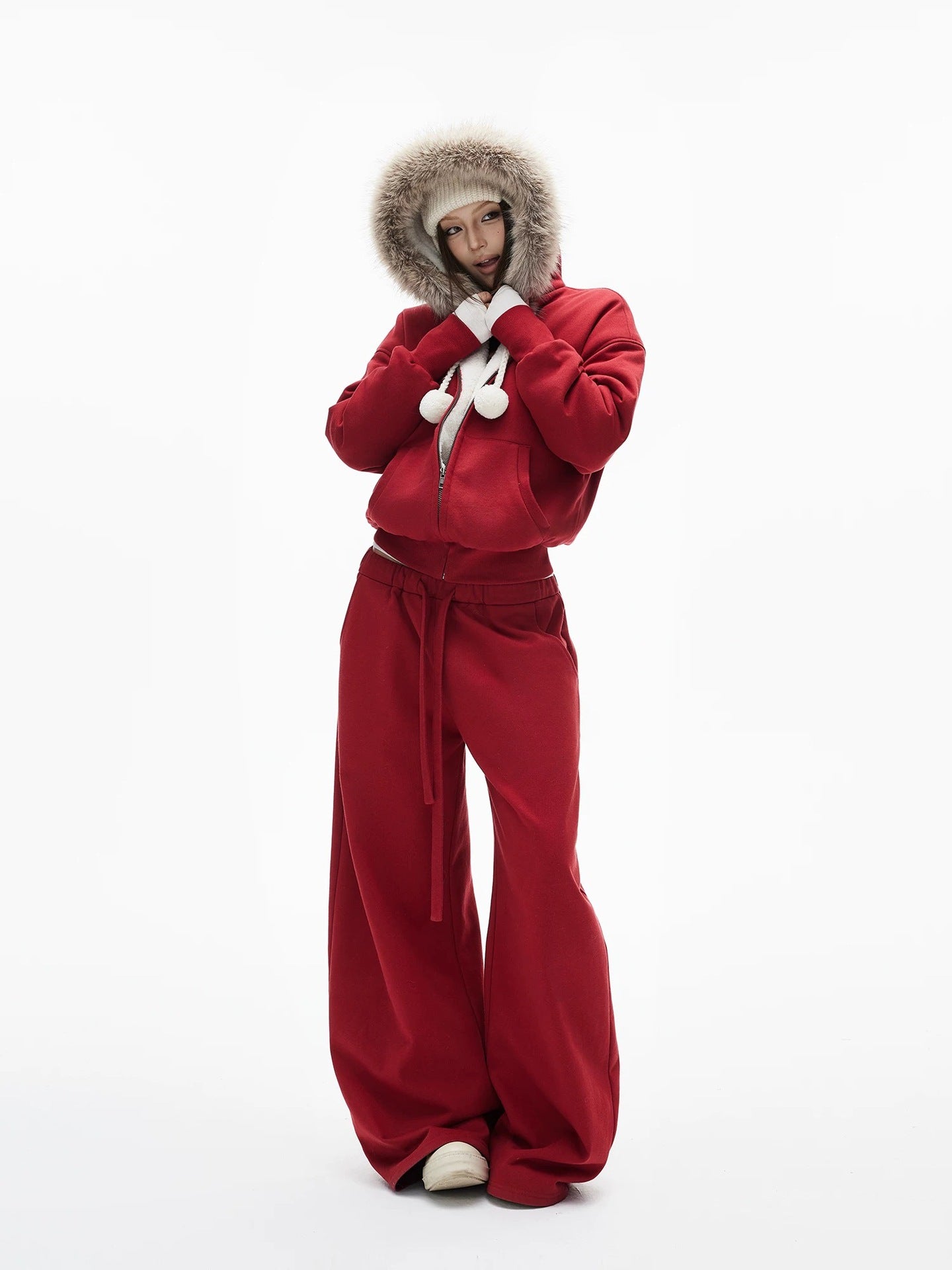 Women's Red Hooded Eco-Friendly Fleece-Lined Sweater Set With Faux Fur Collar