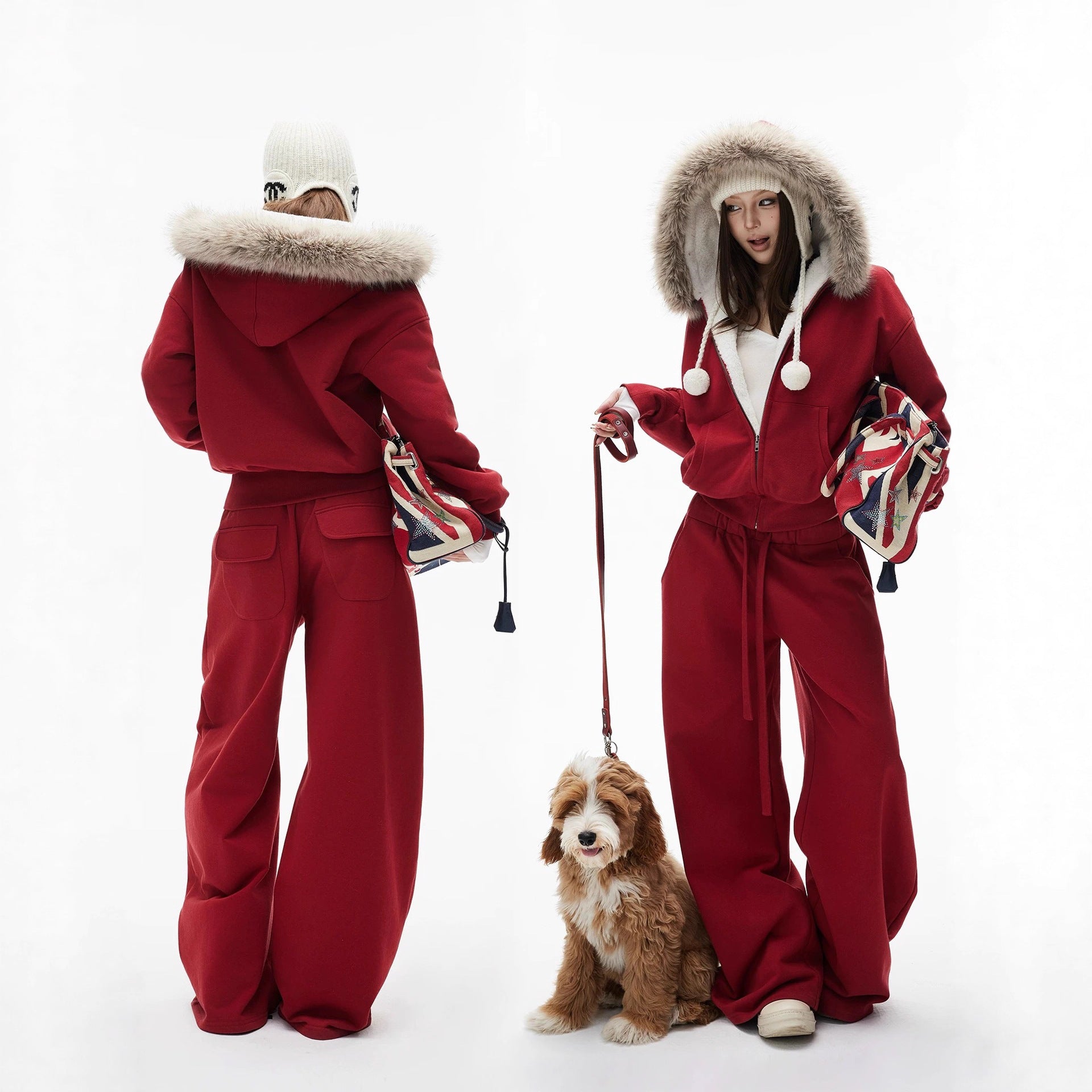 Women's Red Hooded Eco-Friendly Fleece-Lined Sweater Set With Faux Fur Collar