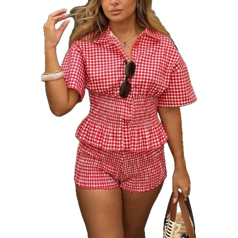 Red And White Plaid Short-sleeve Shirt And Shorts Set