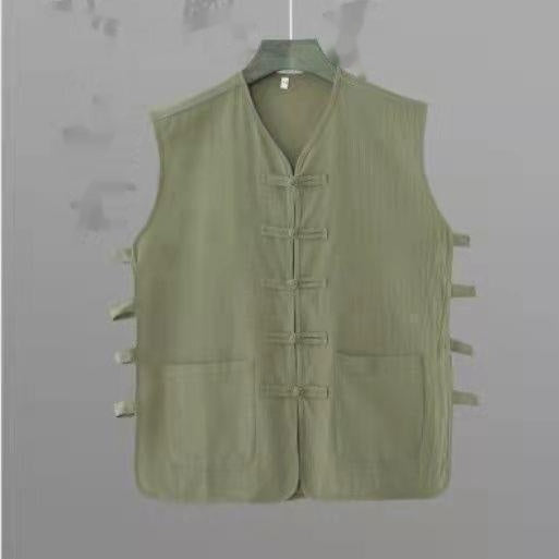 Summer Casual Mens Vintage Chinese Linen Button-Front Sleeveless Vest