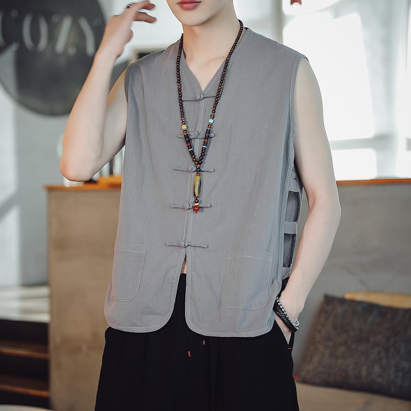 Summer Casual Mens Vintage Chinese Linen Button-Front Sleeveless Vest