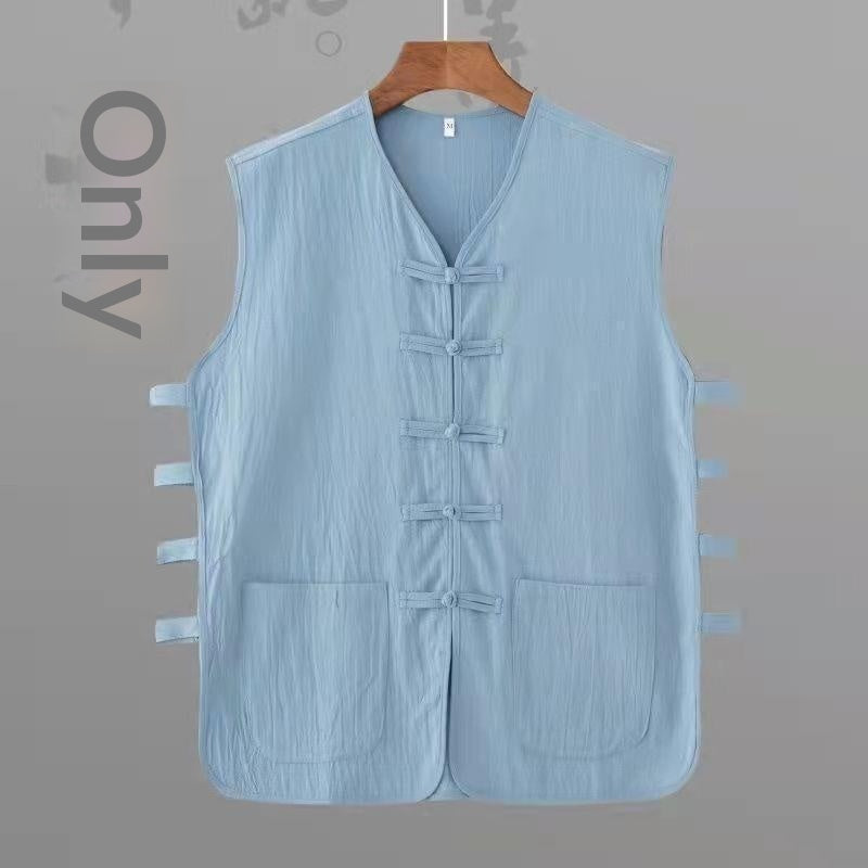 Summer Casual Mens Vintage Chinese Linen Button-Front Sleeveless Vest