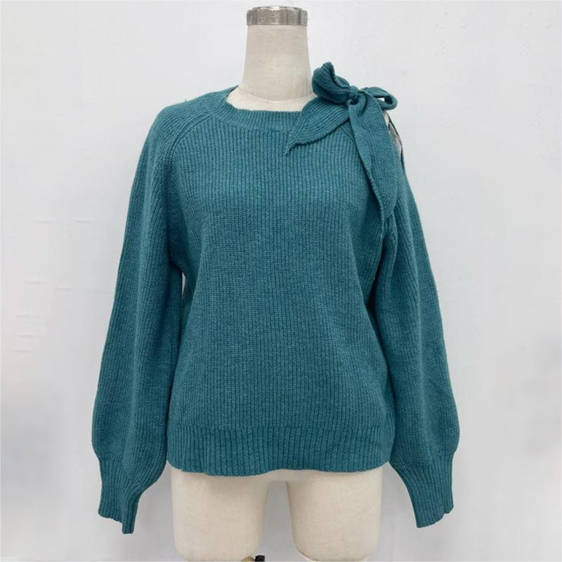 Women's Bow Shoulder Cut Out Sweater, Long Sleeve Cozy Knit Pullover