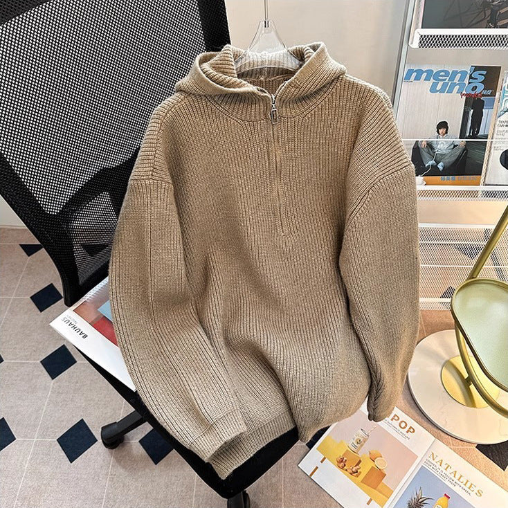 New Men's Hooded Knit Sweater With Half-zipwarm And Loose-fitting