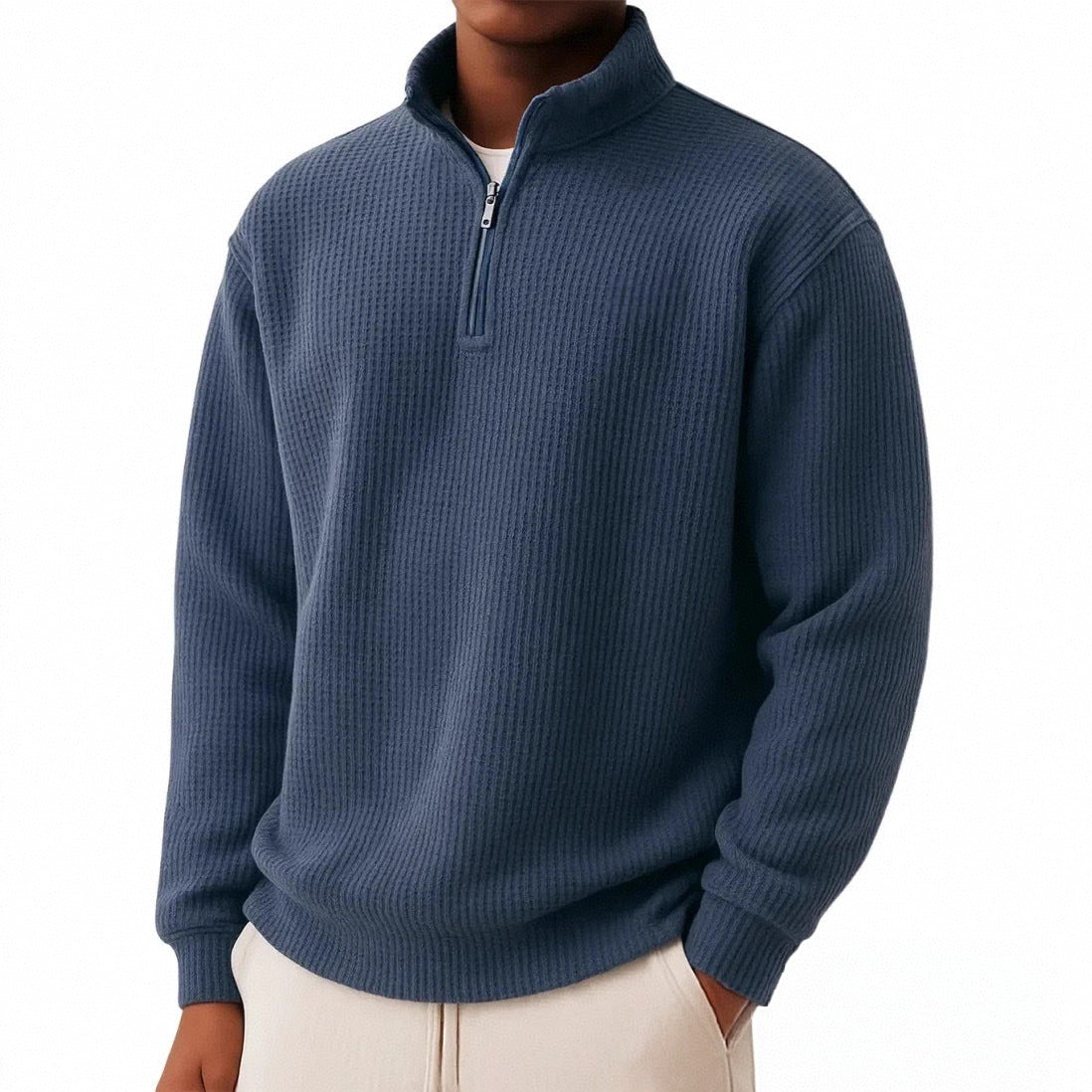 Solid-color Pullover Zip-up Relaxed-fit Casual Premium Waffle-knit Long-sleeve Polo Shirt