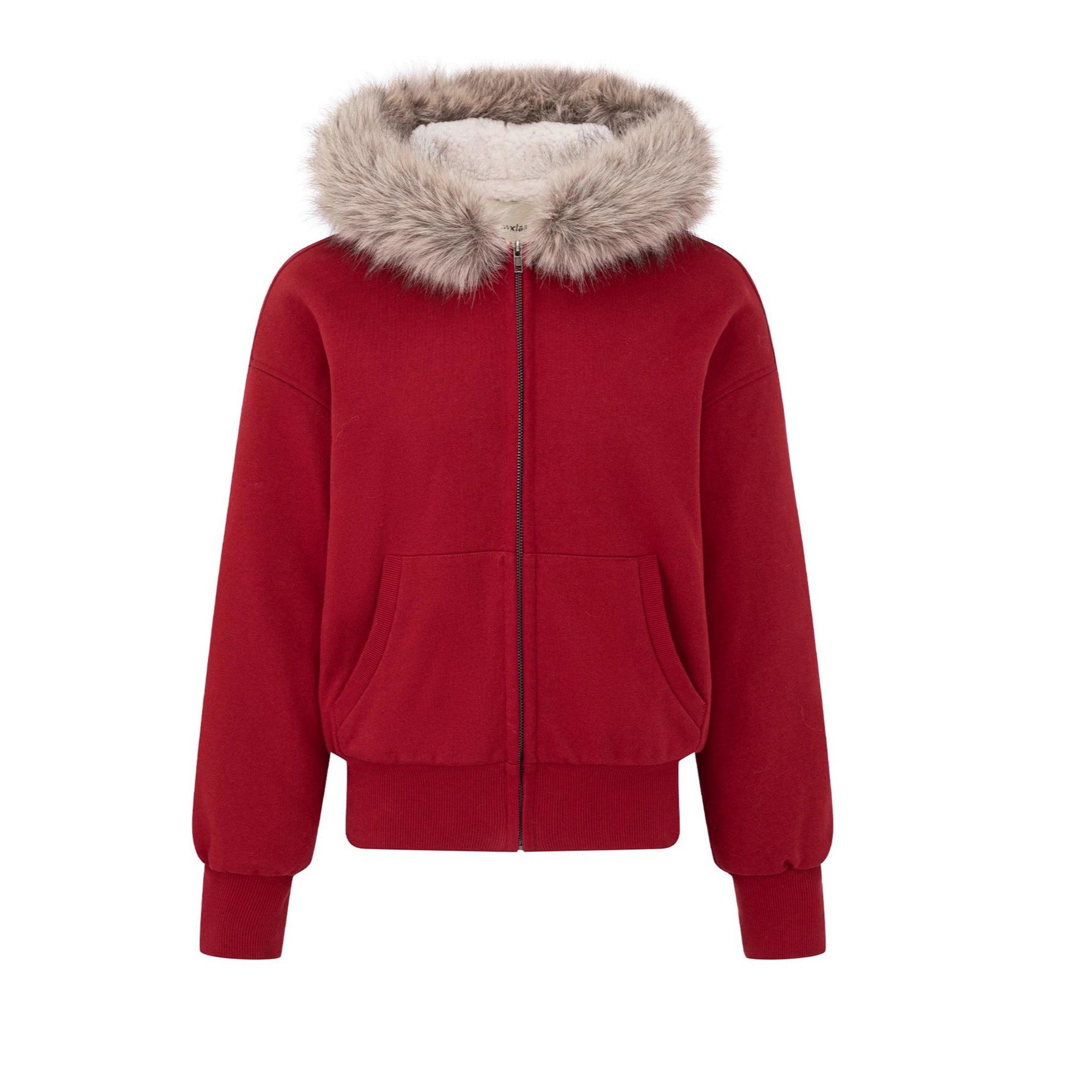 Women's Red Hooded Eco-Friendly Fleece-Lined Sweater Set With Faux Fur Collar