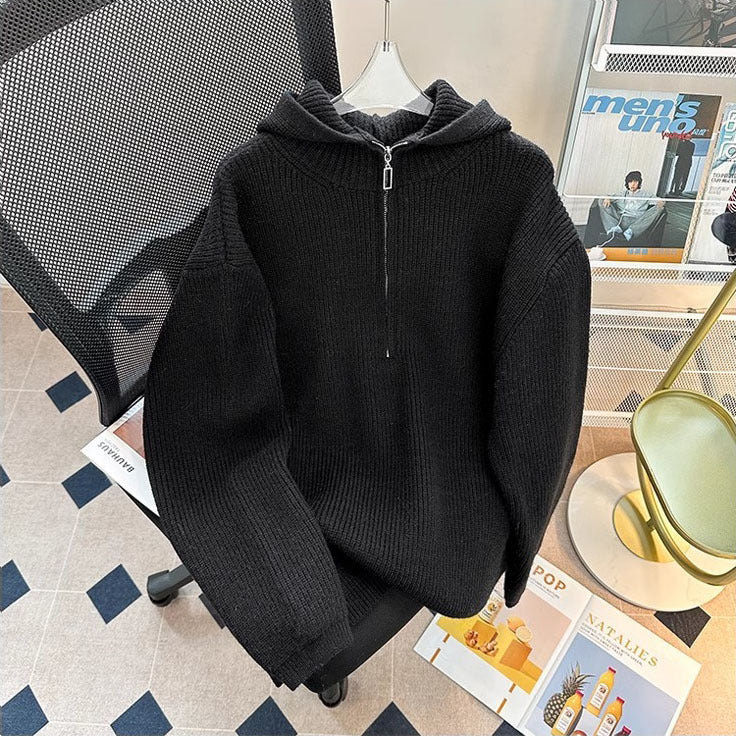 New Men's Hooded Knit Sweater With Half-zipwarm And Loose-fitting