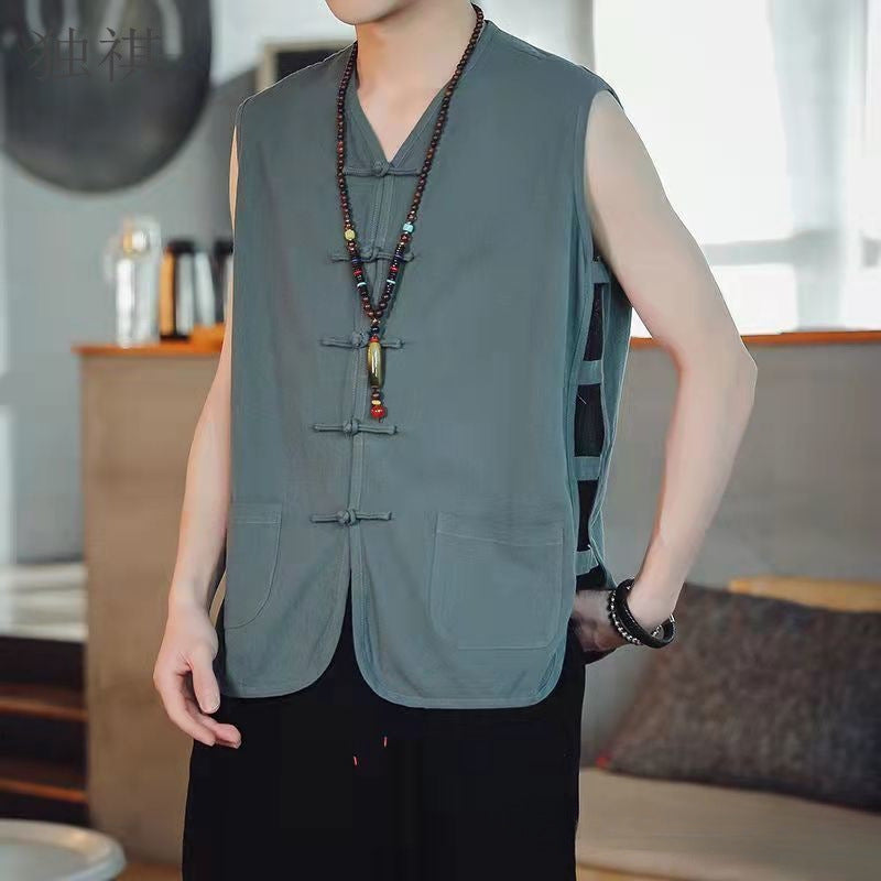 Summer Casual Mens Vintage Chinese Linen Button-Front Sleeveless Vest