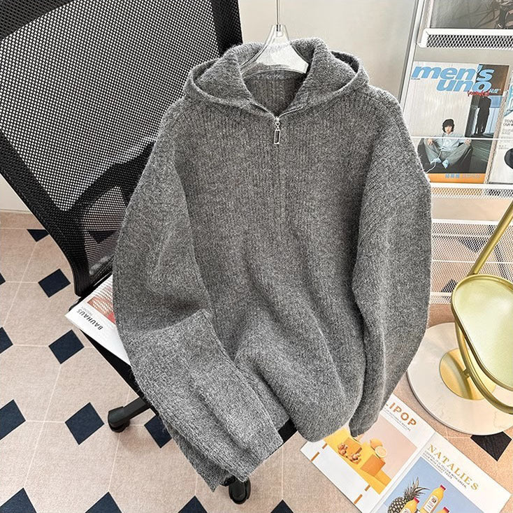 New Men's Hooded Knit Sweater With Half-zipwarm And Loose-fitting