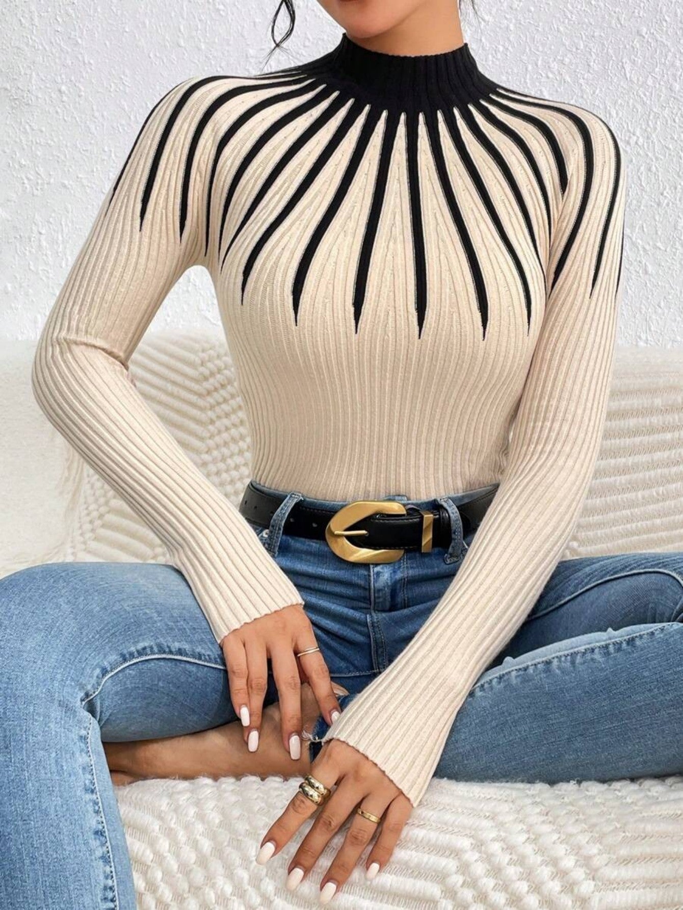 Women's Slim Fit Mock Neck Sweater, Ribbed Striped Long Sleeve Knit For Fall Winter 2025