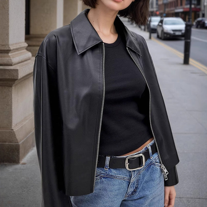 Women's Faux Leather Jacket, Cropped Zip Up Long Sleeve Casual Coat With Pockets