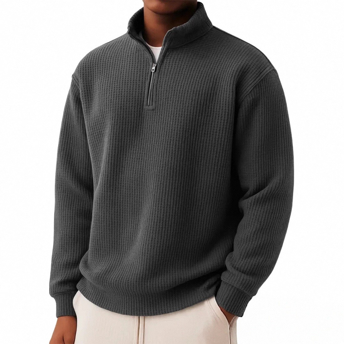 Solid-color Pullover Zip-up Relaxed-fit Casual Premium Waffle-knit Long-sleeve Polo Shirt