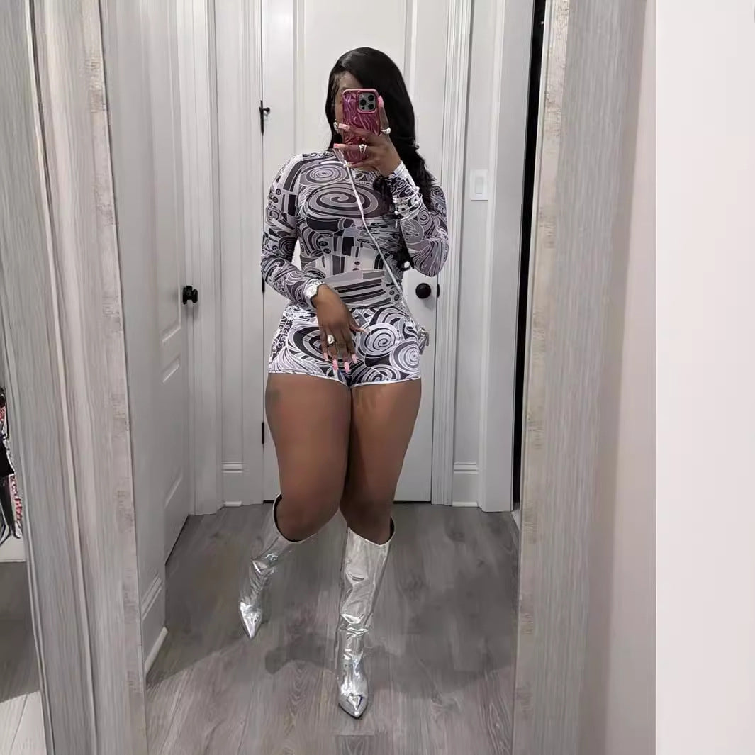 Tight-fitting Printed Crew-neck Stretchy Casual Long-sleeve Shorts Set