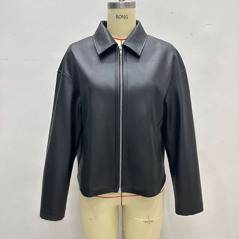 Women's Faux Leather Jacket, Cropped Zip Up Long Sleeve Casual Coat With Pockets