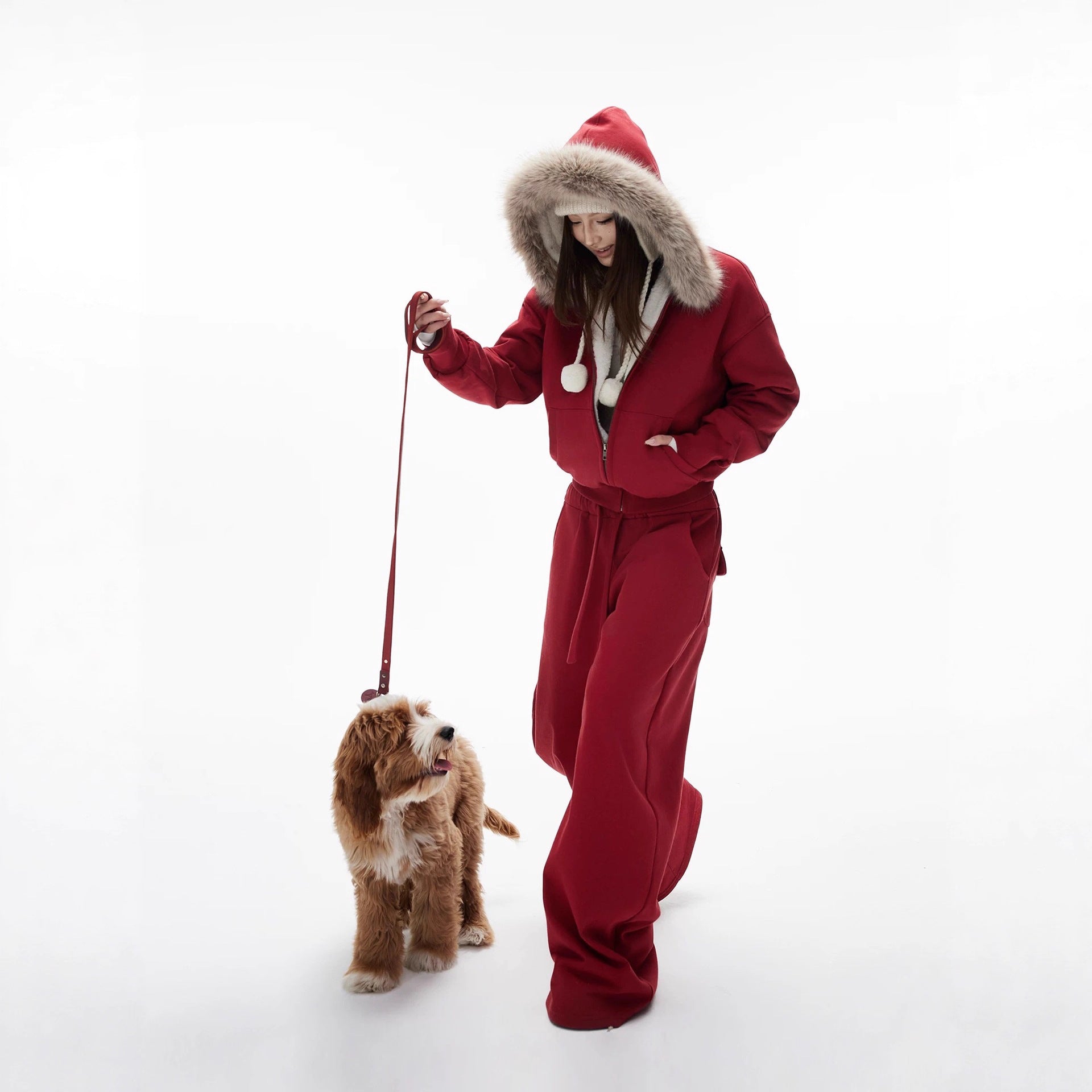 Women's Red Hooded Eco-Friendly Fleece-Lined Sweater Set With Faux Fur Collar