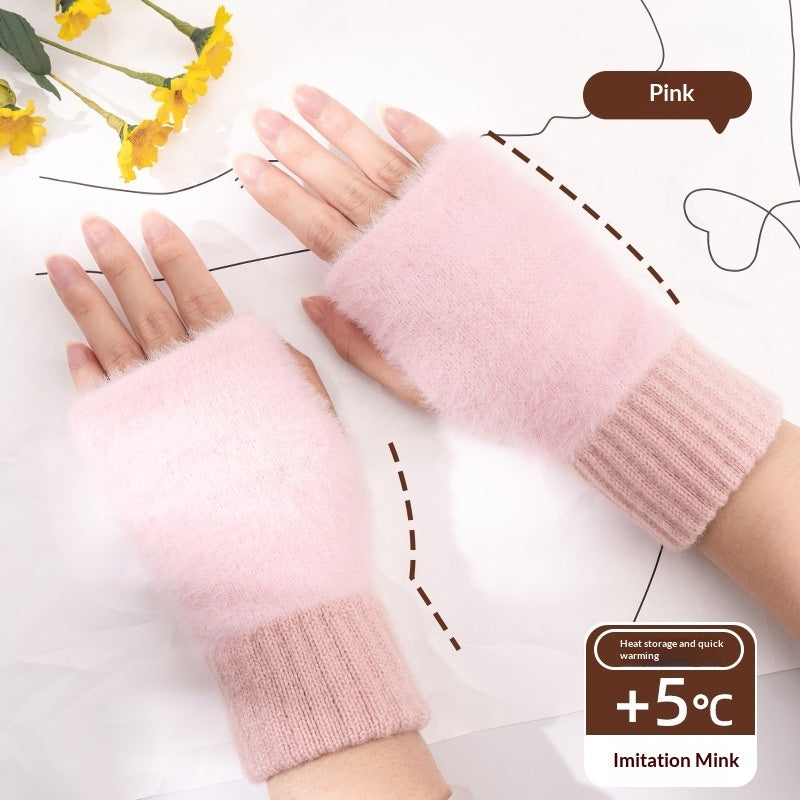 Women's Half-finger Plush Thermal Knit Gloves