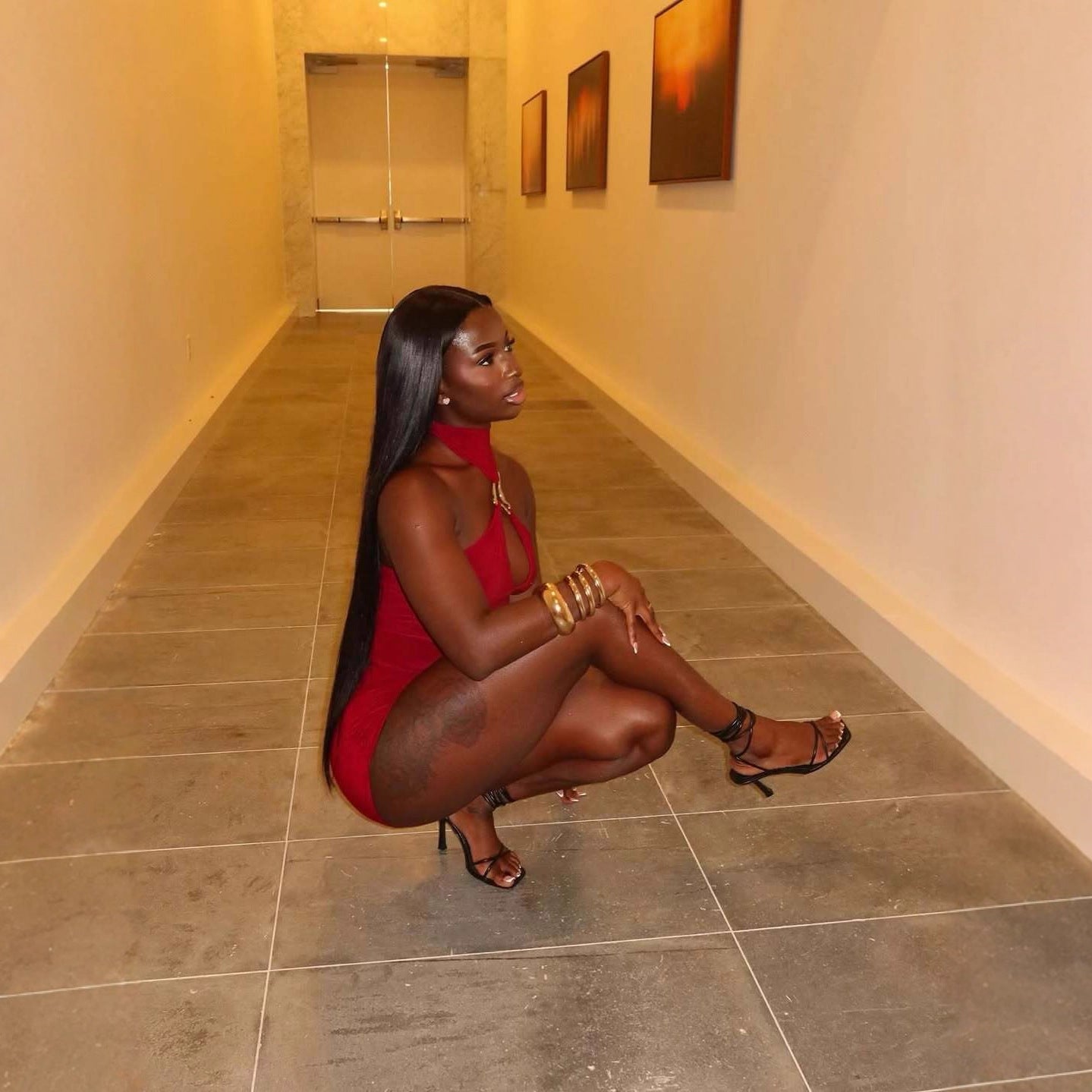 Fashionable Halter-Neck Metal-Design Hollow-Out Vest And Slim-Fit Shorts Set