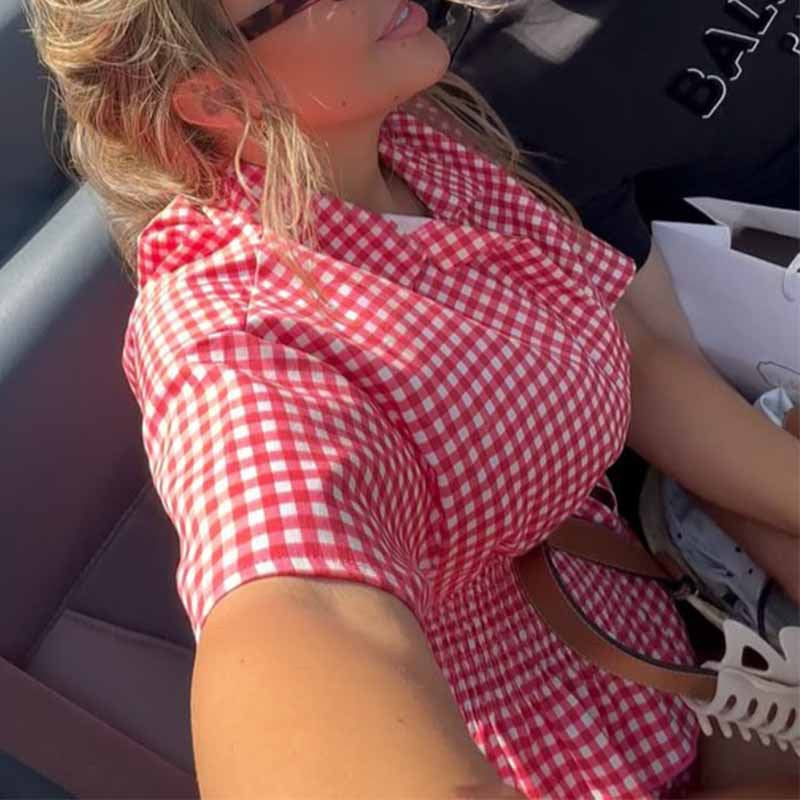 Red And White Plaid Short-sleeve Shirt And Shorts Set