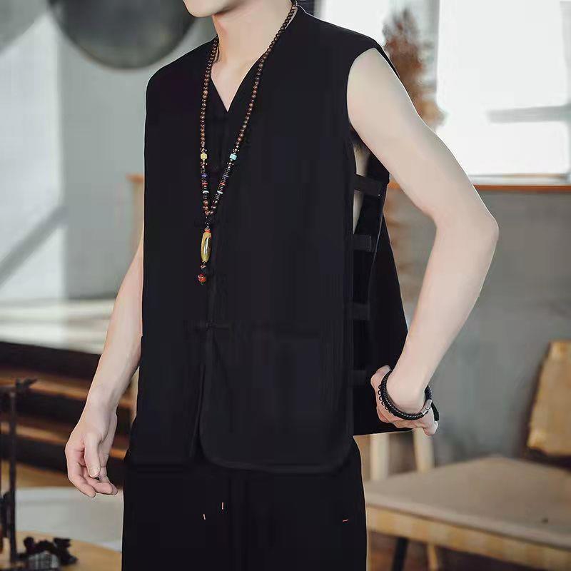 Summer Casual Mens Vintage Chinese Linen Button-Front Sleeveless Vest