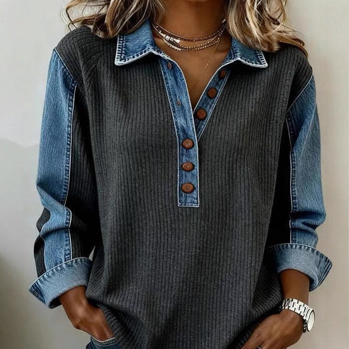 New AutumnWinter European And American Style Denim Patchwork Turn-Down Collar Loose Ribbed Sweater