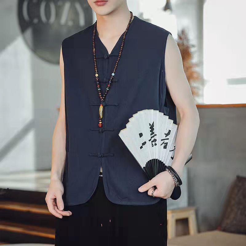 Summer Casual Mens Vintage Chinese Linen Button-Front Sleeveless Vest