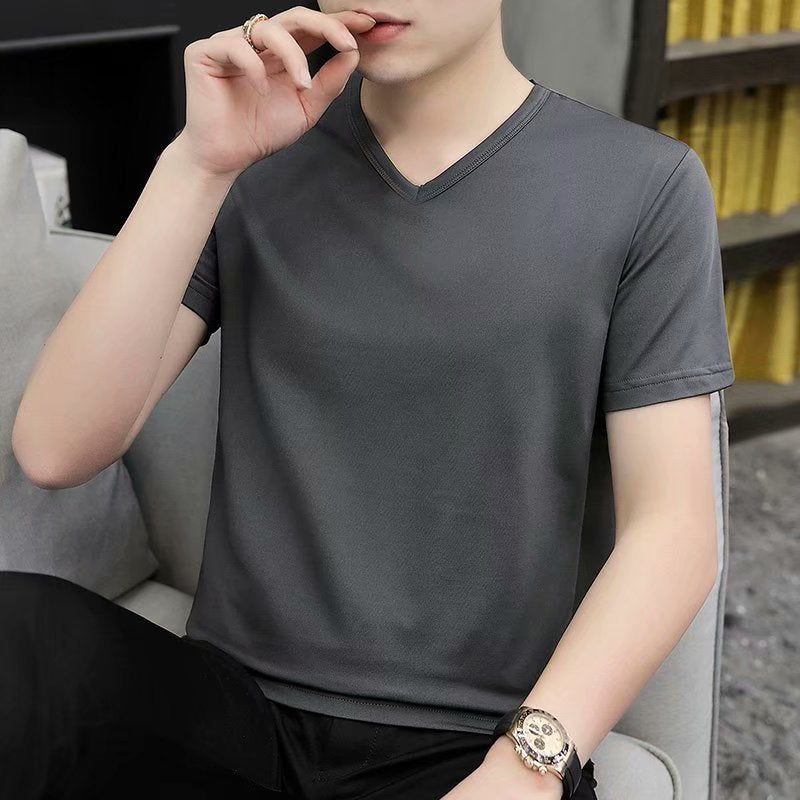 Mens Short-Sleeve V-Neck T-Shirt Summer Slim-Fit White All-Match Tee