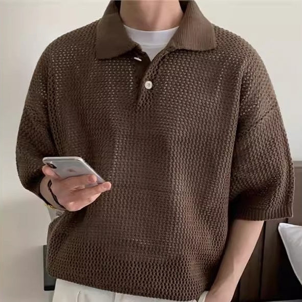 Men's Summer Loose-Fit Lapel Short-Sleeve Hollow-Out Half-Sleeve