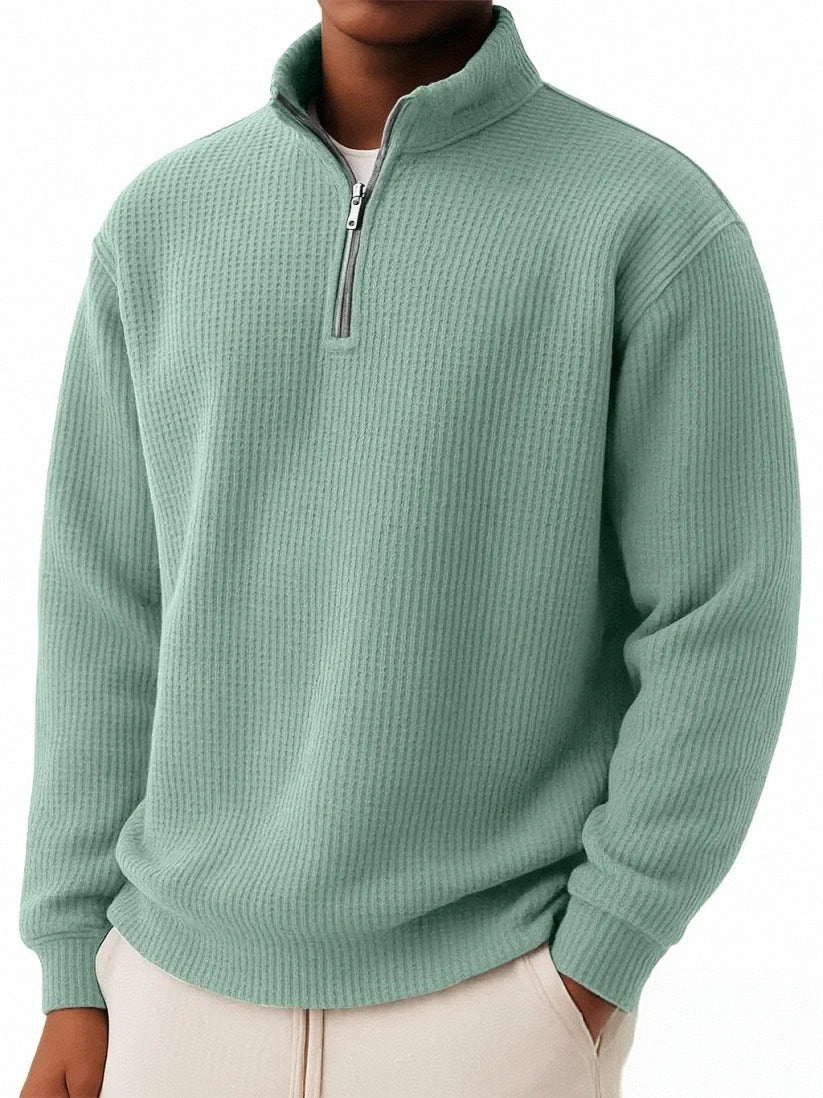 Solid-color Pullover Zip-up Relaxed-fit Casual Premium Waffle-knit Long-sleeve Polo Shirt