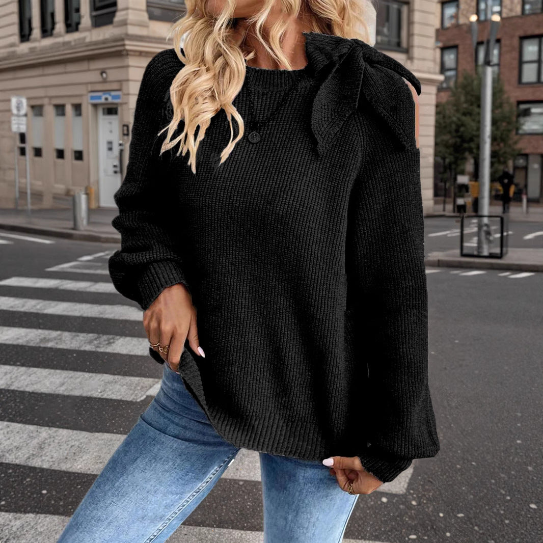 Women's Bow Shoulder Cut Out Sweater, Long Sleeve Cozy Knit Pullover