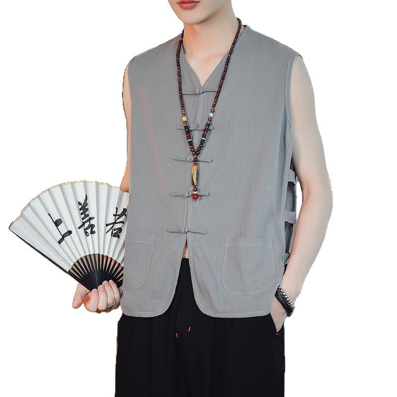 Summer Casual Mens Vintage Chinese Linen Button-Front Sleeveless Vest