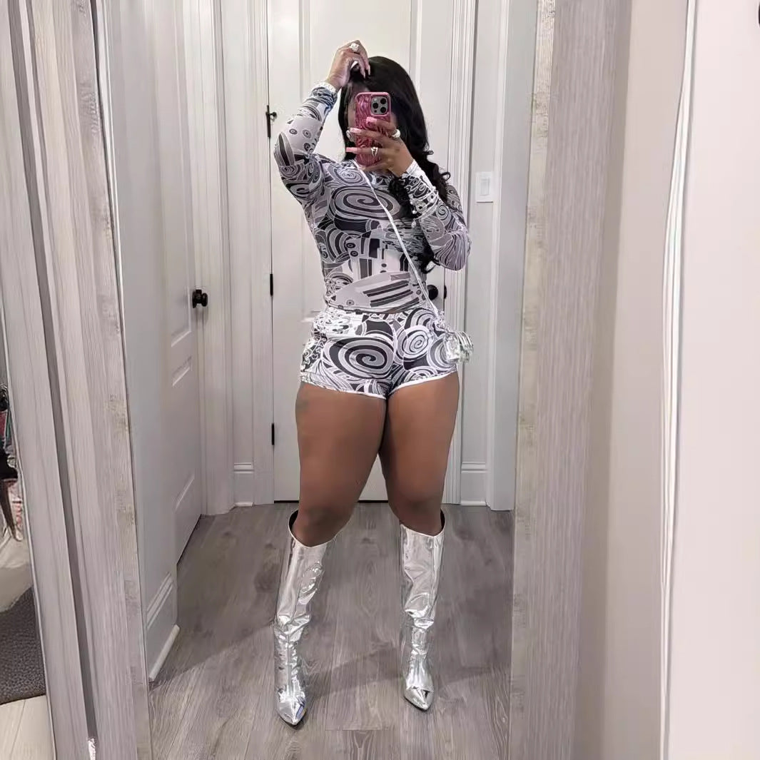Tight-fitting Printed Crew-neck Stretchy Casual Long-sleeve Shorts Set