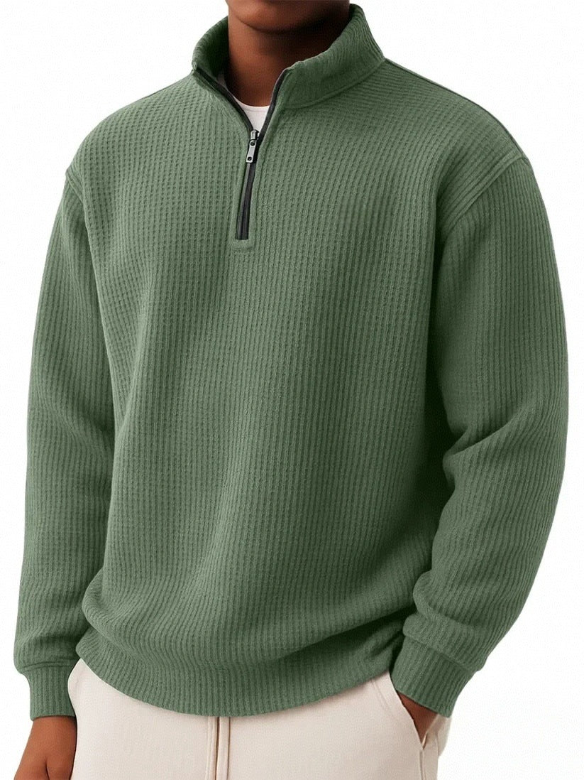 Solid-color Pullover Zip-up Relaxed-fit Casual Premium Waffle-knit Long-sleeve Polo Shirt