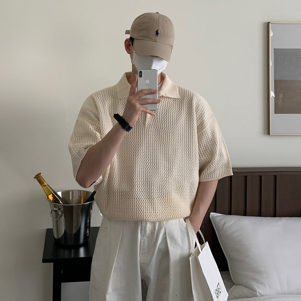 Men's Summer Loose-Fit Lapel Short-Sleeve Hollow-Out Half-Sleeve