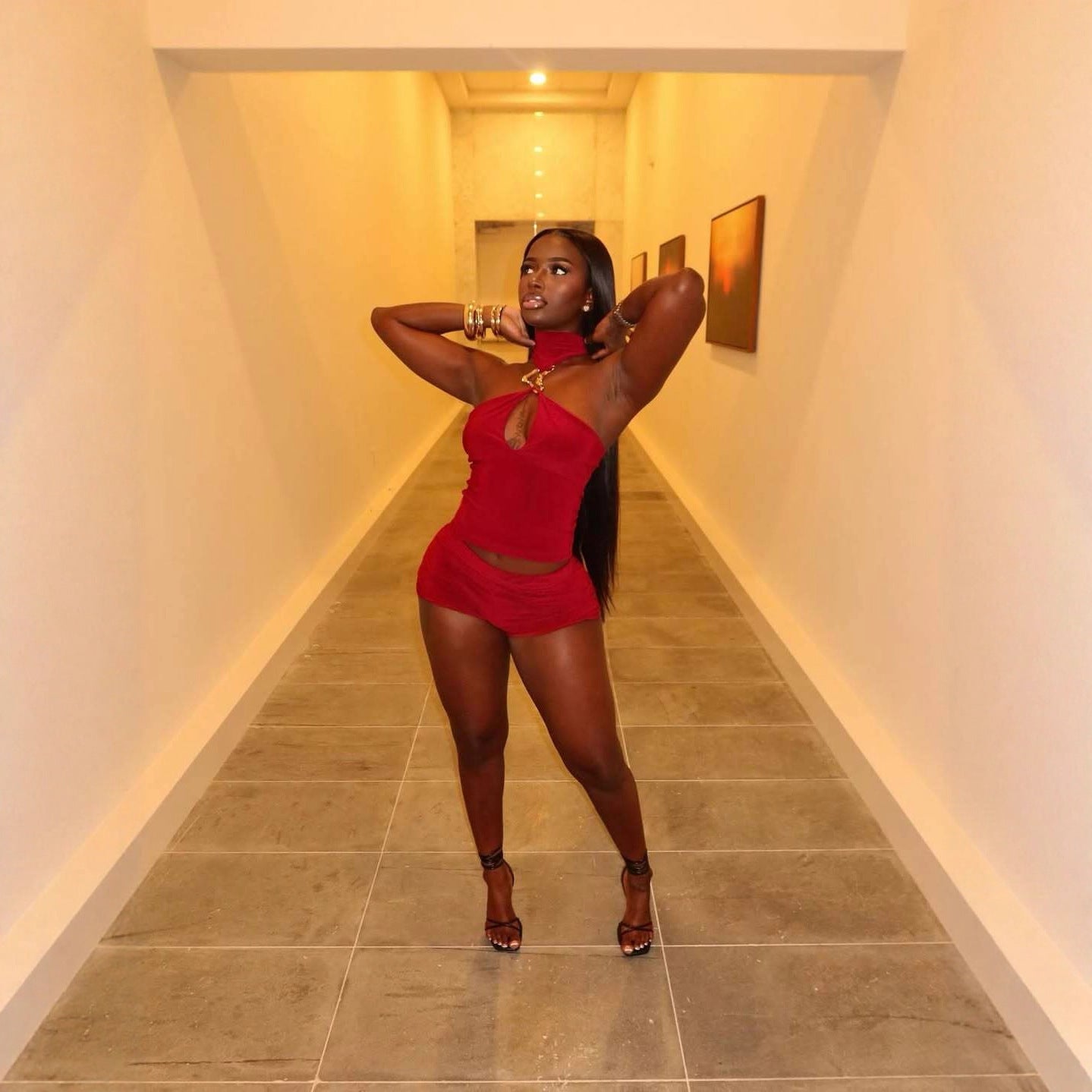 Fashionable Halter-Neck Metal-Design Hollow-Out Vest And Slim-Fit Shorts Set