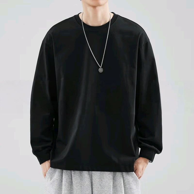 Men's Pure Cotton Thick, Loose-fitting Solid-color Japanese-style Crew-neck Long-sleeve T-shirt