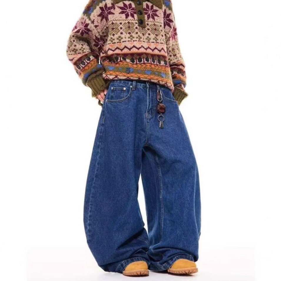 Mens High-Waisted Retro Straight Jeans Summer Wide-Leg Pants