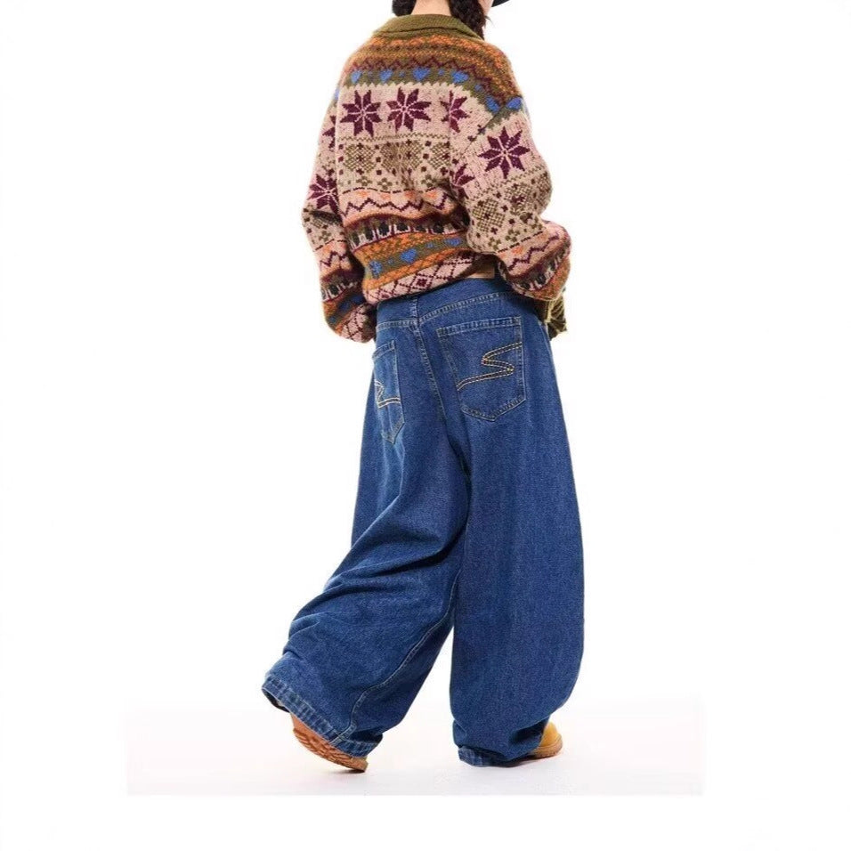 Mens High-Waisted Retro Straight Jeans Summer Wide-Leg Pants