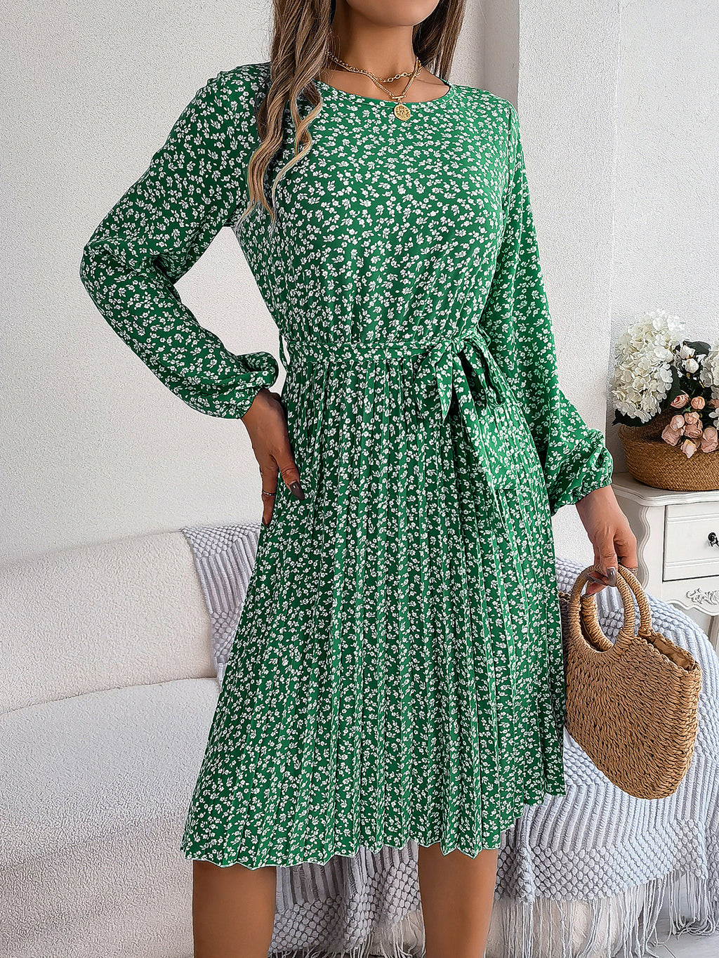 Women's Casual Long Sleeve Floral Flared Pleated Skirt