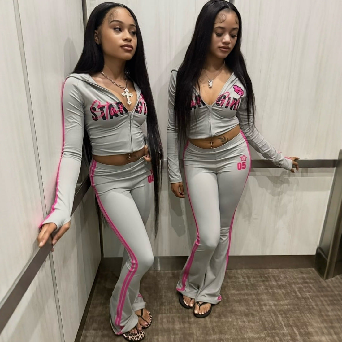 Women's Fashionable  Casual  Versatile  Color-blocked Retro-style Sporty Printed Top And Pants Set