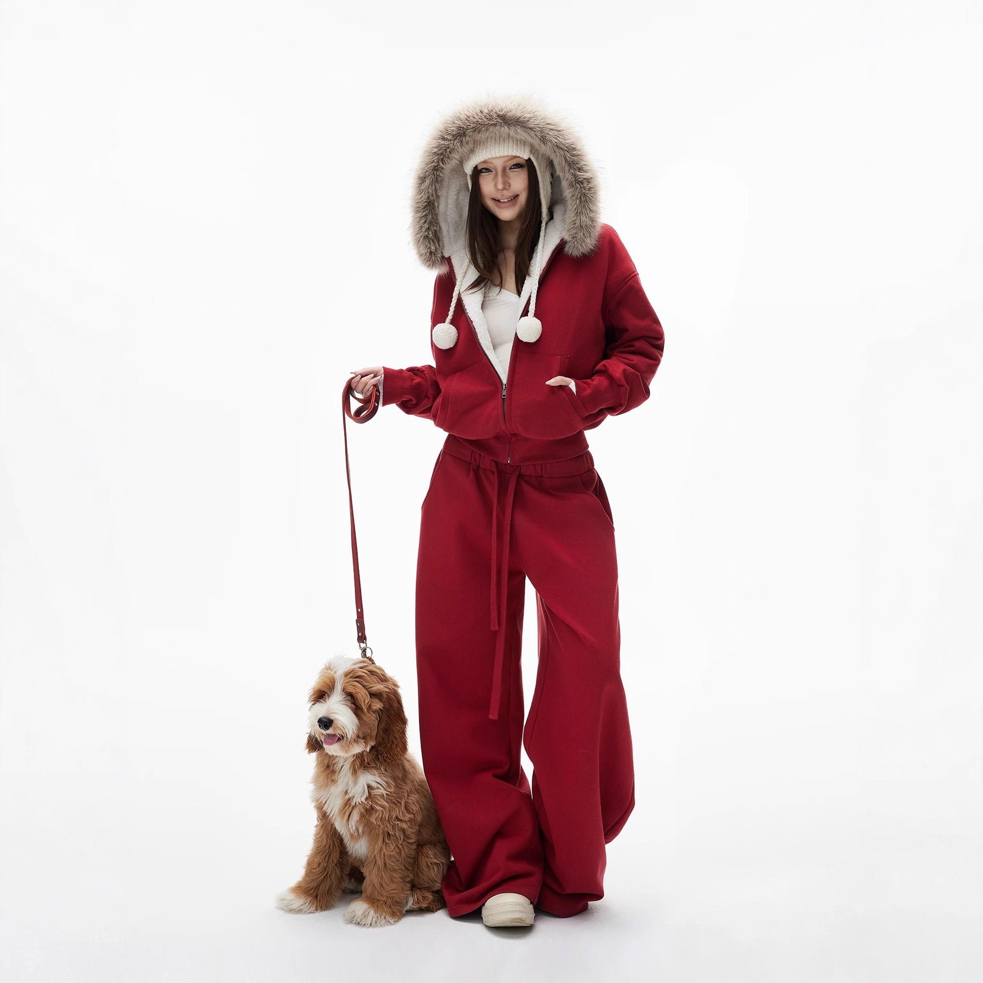 Women's Red Hooded Eco-Friendly Fleece-Lined Sweater Set With Faux Fur Collar